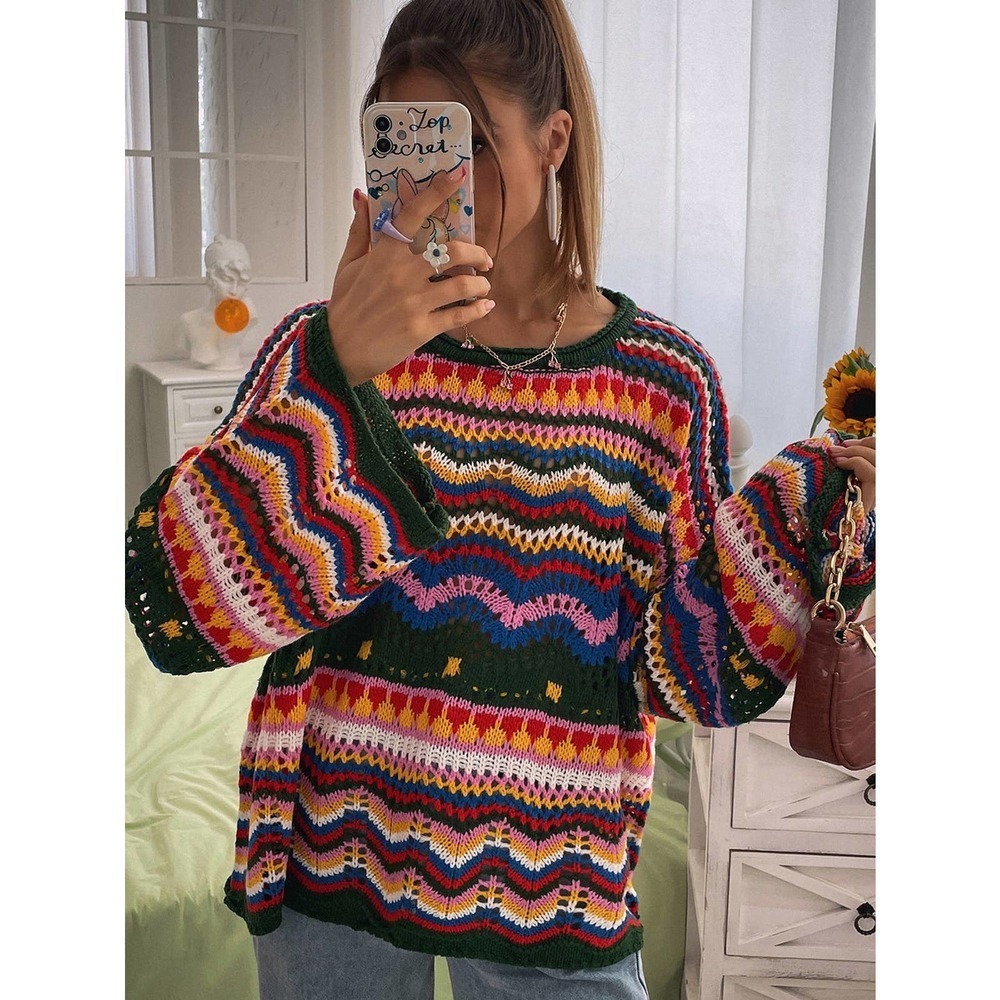 Chevron Pattern Open Knit rainbow stripe Drop Shoulder Sweater 70s style crochet - Picture 4 of 7